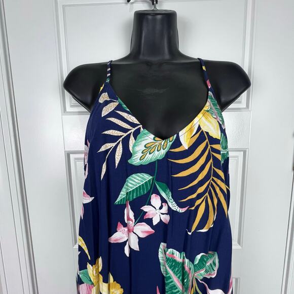 EUC Old Navy Viscose Navy Blue Botanical TROPICAL V-Neck Maxi Shift Dress Large - Picture 6 of 12